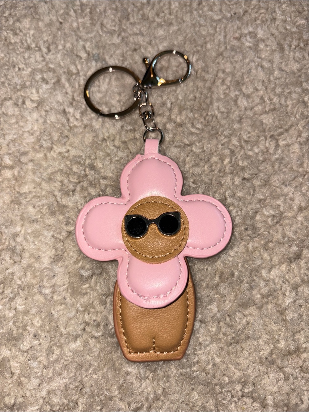 Pink Flower Keychain Bag Charm - Tan Accent